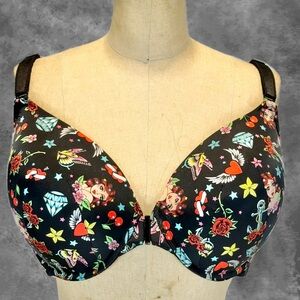 Torrid Star Girl Tattoo bra front hook 46C diamond butterfly rose star cherry